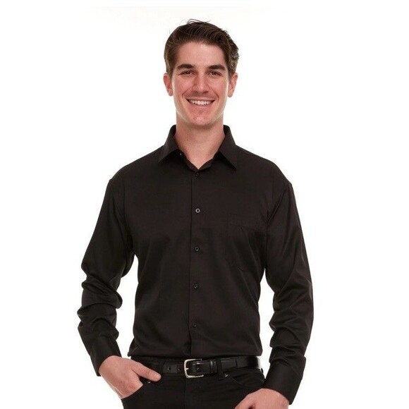Geoffrey Beene Men's Medium Black Fitted Sateen Stretch Dress Shirt Wrinkle Free - Picture 1 of 7